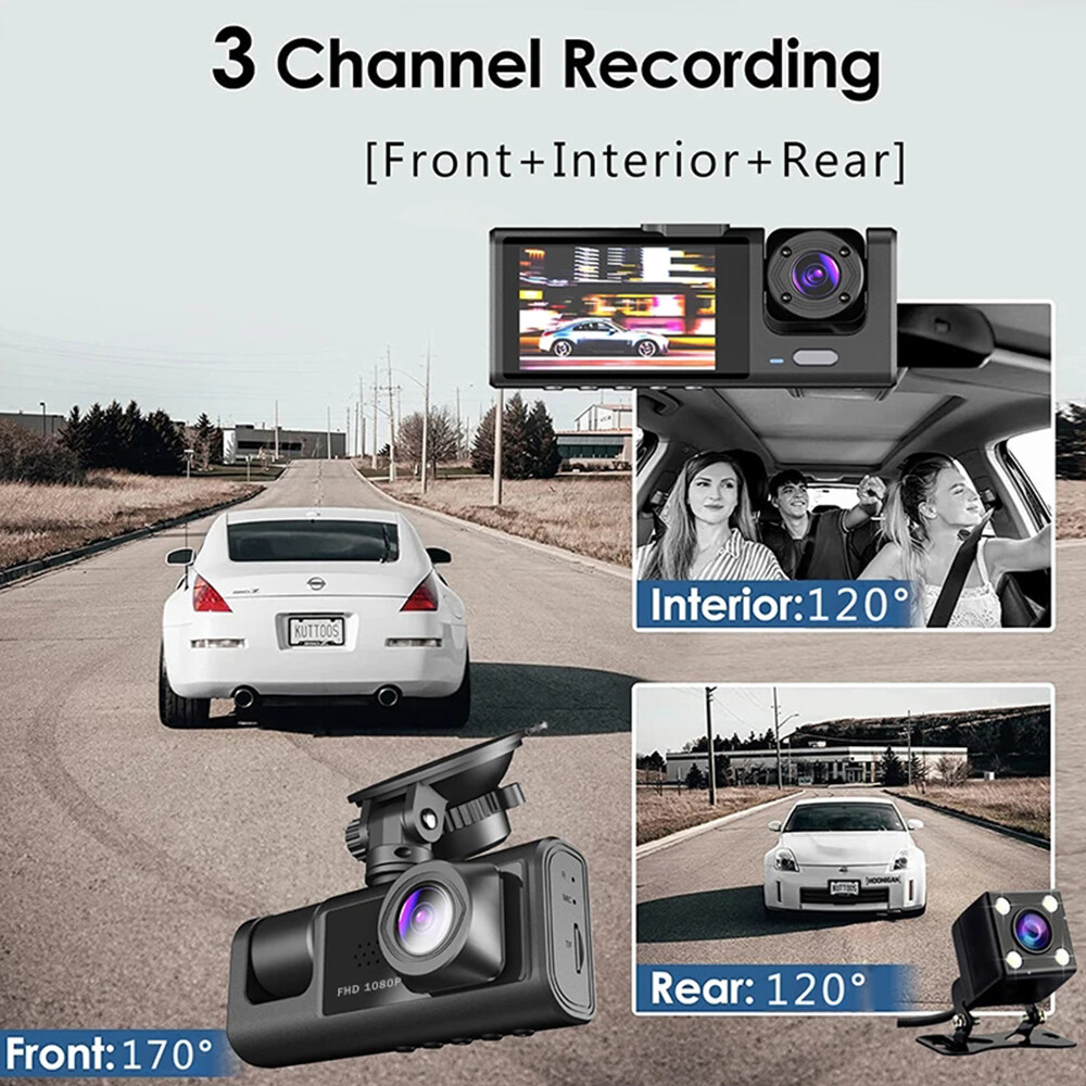 HD 1080P 3 Lens Car Dash Cam Video Recorder With G-sensor Front & Rear Camera