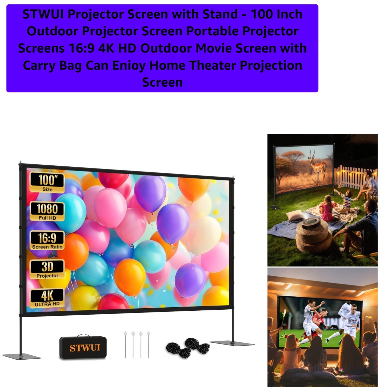 Projector Screen with Stand - 100 Inch Outdoor Projector Screen Portable Proj...