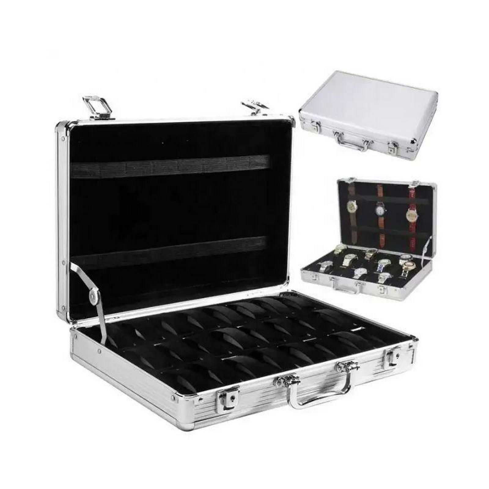 24 Grid & 8 Slots Aluminum Watch Display Case Lockable Jewelry Storage Showcase