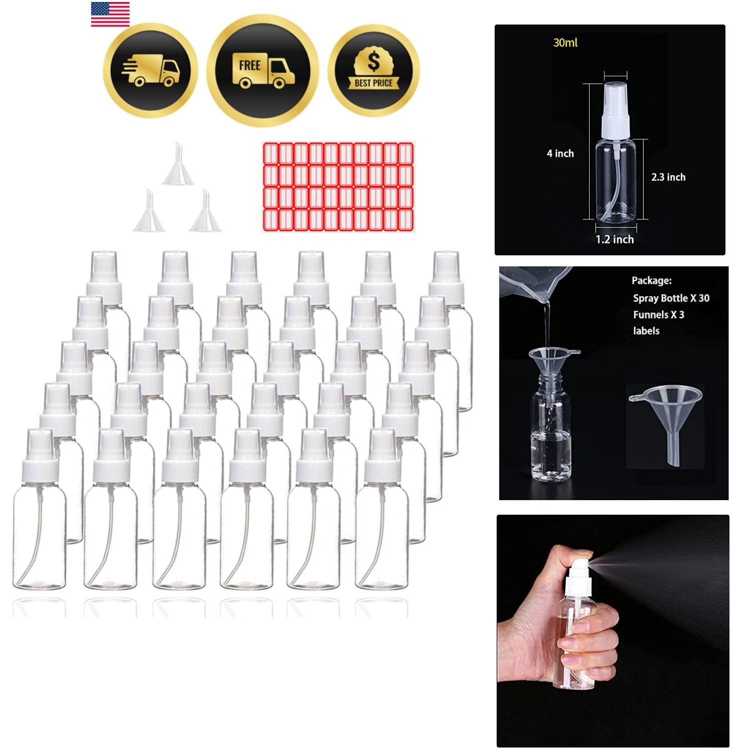 Spray Bottles, 30 Pack 30ml 1oz Clear Empty Fine Mist Plastic Mini Travel Bot...