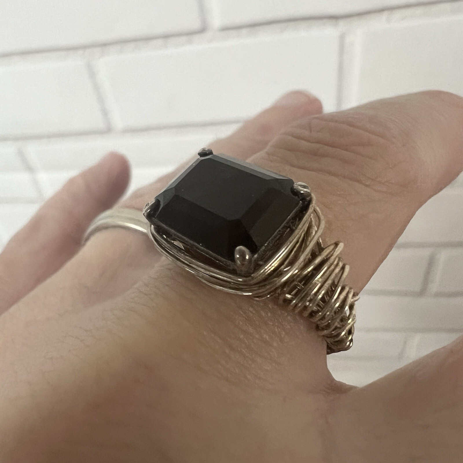 Vintage Artisan Rectangle Smoky Quartz Wire Wrap Band Ring Size 7.5 Women