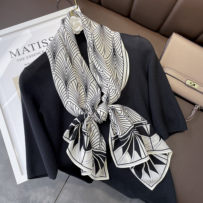 Double Side 100% Silk Long Scarf Women Neckerchief White Black Leaves 145*37cm