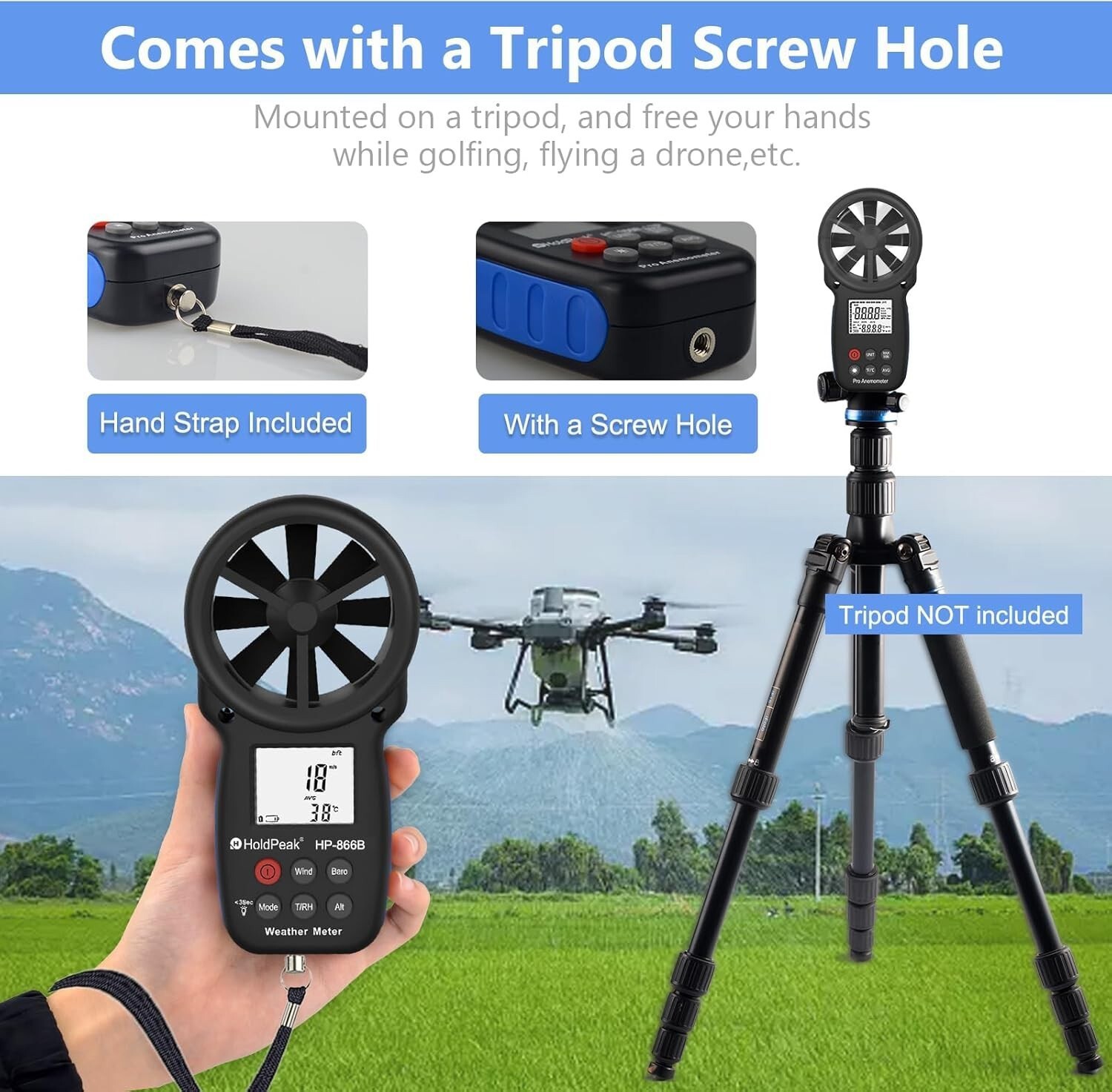 Digital Handheld Anemometer with Bluetooth & Temp Sensor - 30m/s Max Wind Speed