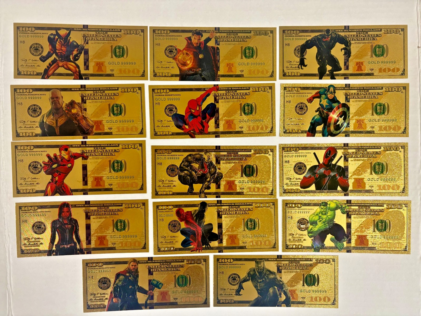 🔥🔥24k GOLD FOIL $100 MARVEL SUPERHERO BILLS - 14 PIECE COLLECTION🔥🔥