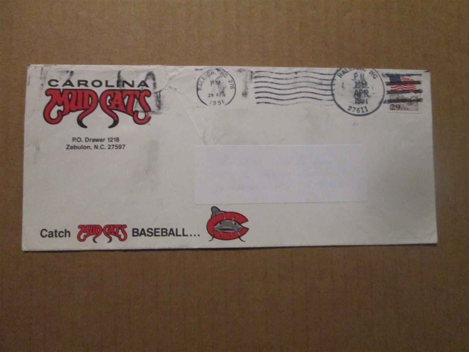 Carolina League Carolina Mud Cats Vintage Dated 1991 Team Logo Business Envelope