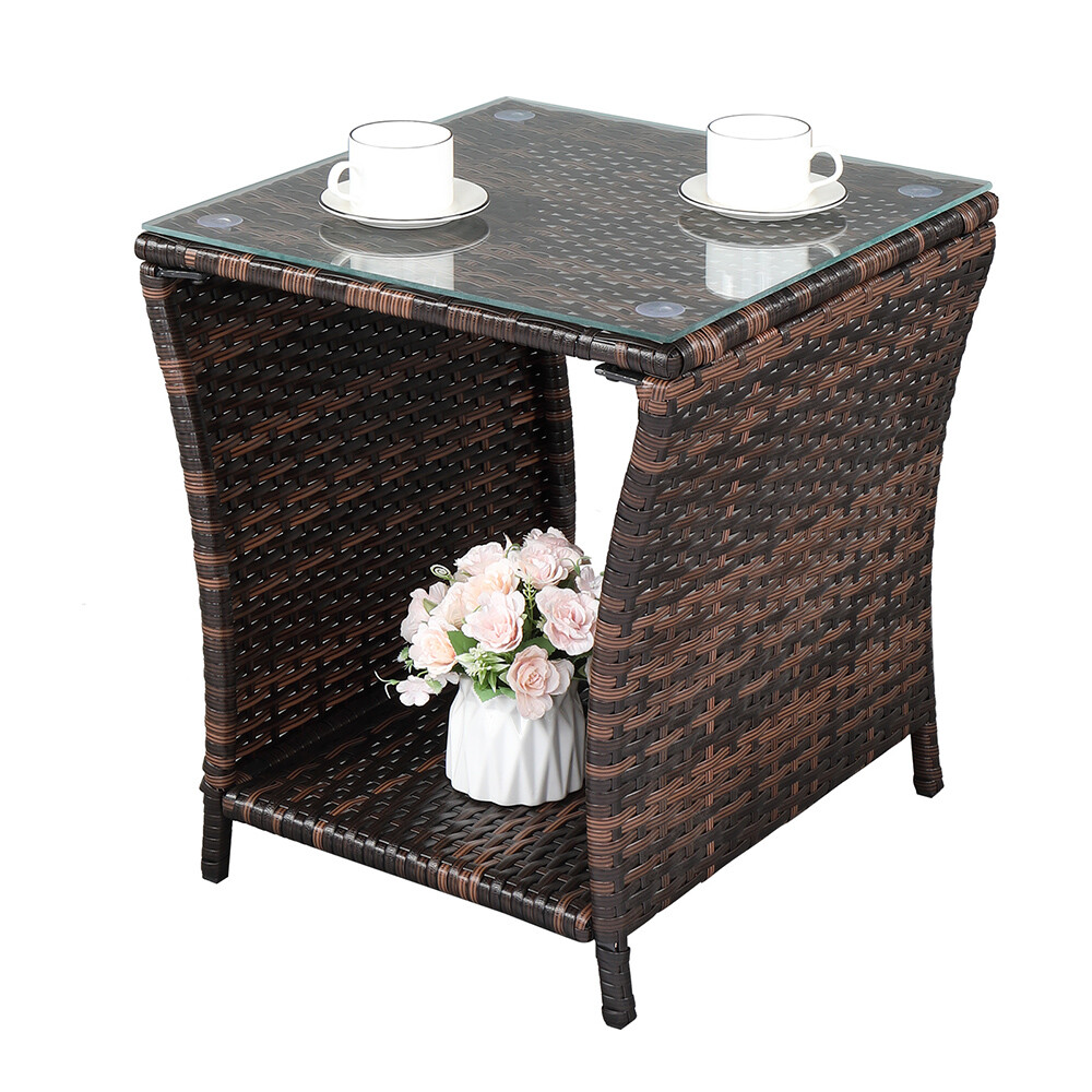 Patio Wicker Side Coffee Table Bistro Glass Table Outdoor End Table with Storage