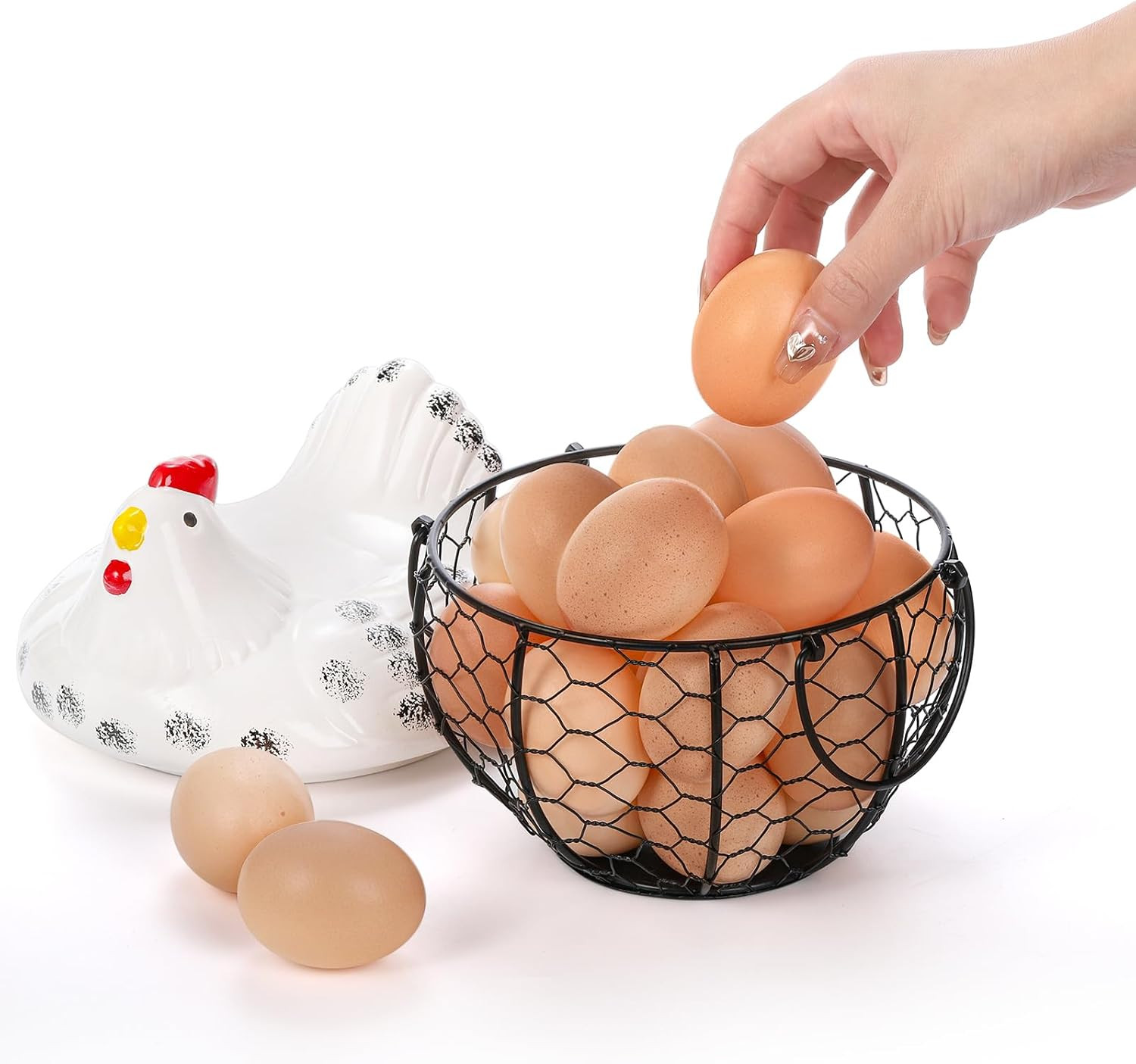 Chicken Egg Basket, Black Wire Egg Collection Baskes with Ceramic Lid for Gat...