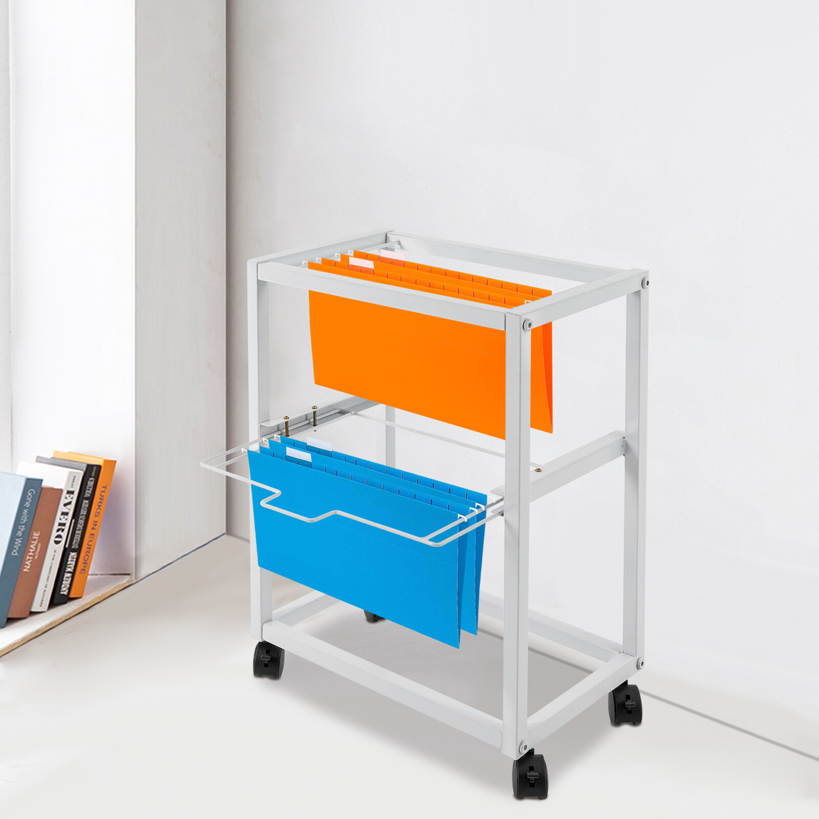 Pull-out Movable File Carts Rolling Folder Carts 2 Tiers Hanging Files W/ Wheels