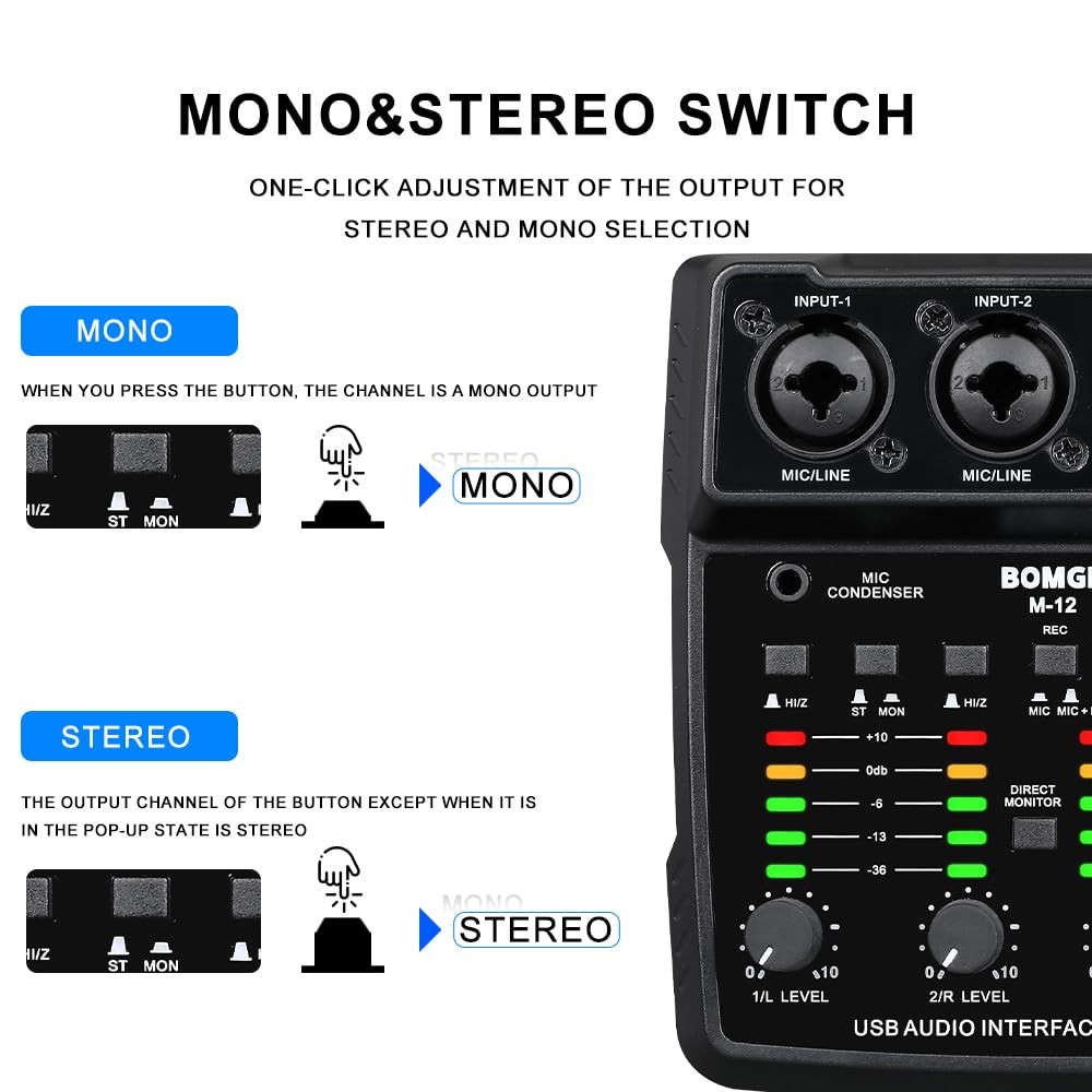 BOMGE M12 USB Audio Interface, 2-Channel Mixer, XLR/3.5mm Input, 48V Power Su...