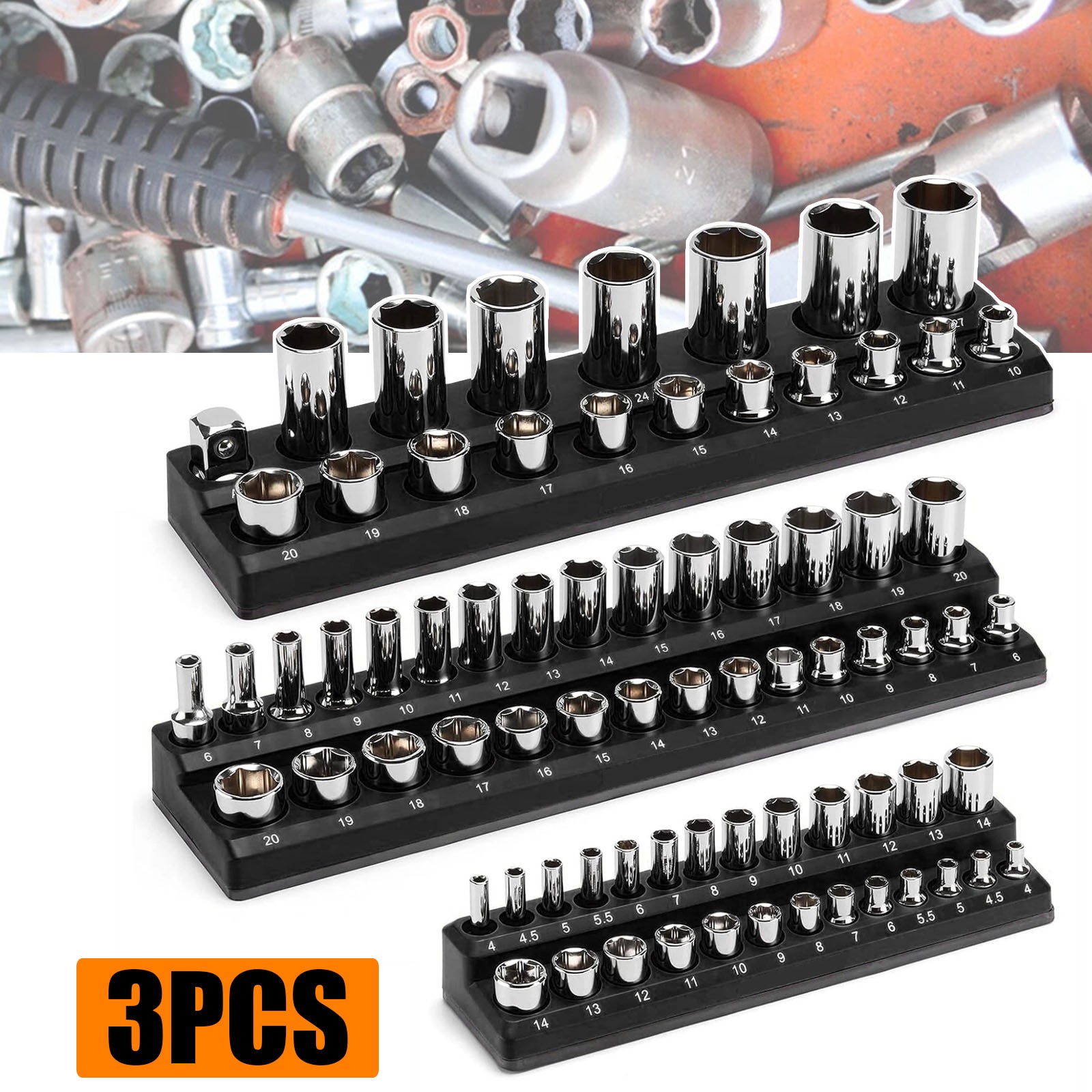 3Pcs Magnetic Socket Organizer Holder Set Metric 1/4'' 3/8'' 1/2'' Drive Tool