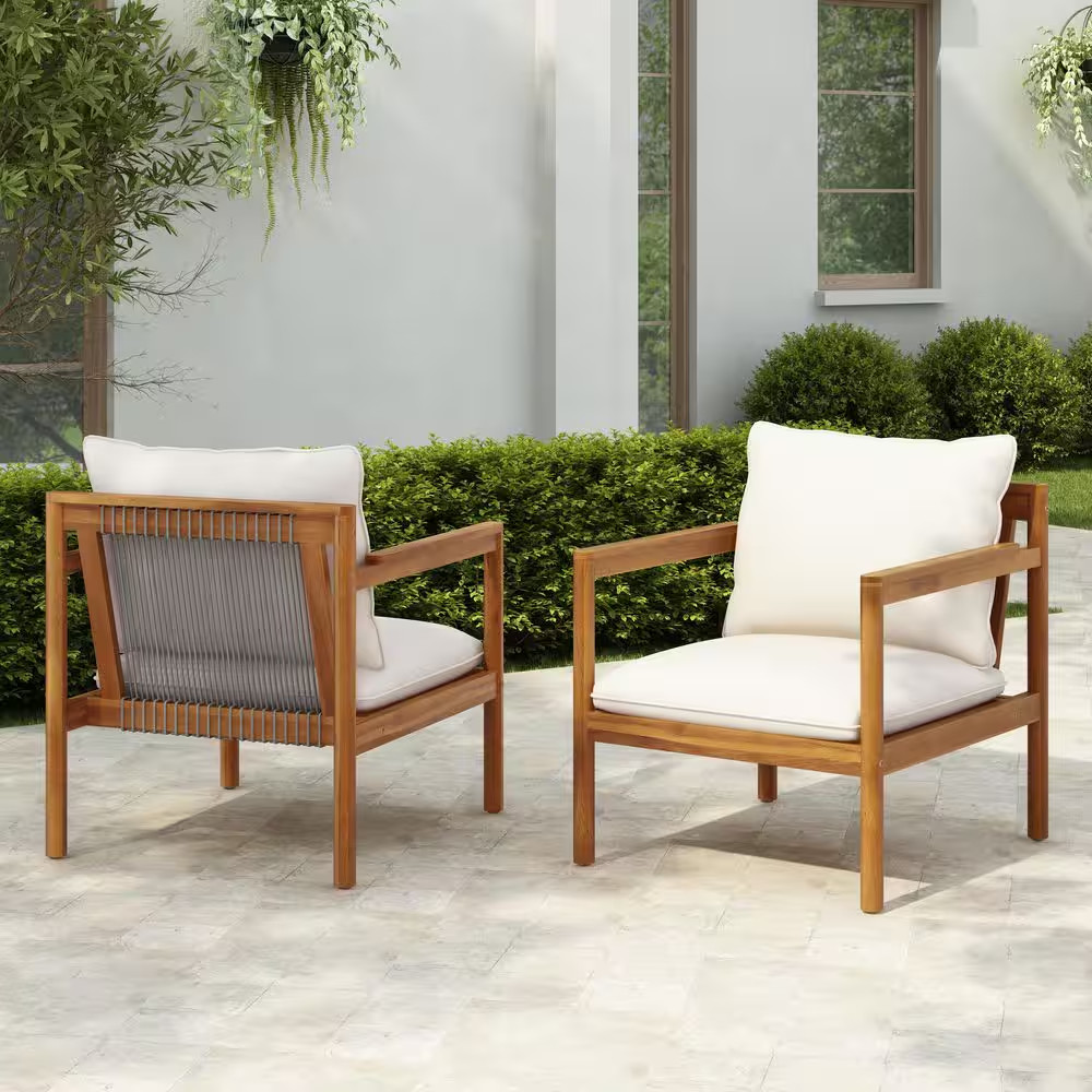 Allison Teak Finish Acacia Wood Patio Outdoor Lounge Chair with Cream Cushions a