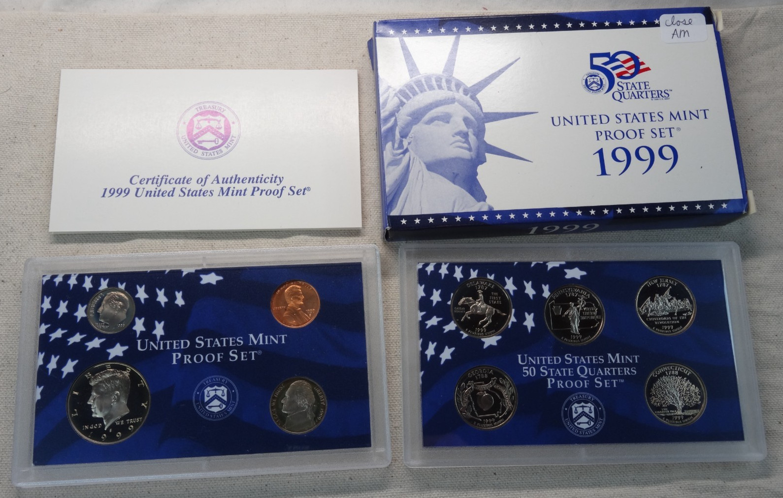 1999-S US Mint Proof Set Close AM Lincoln Cent Original Government Packaging COA
