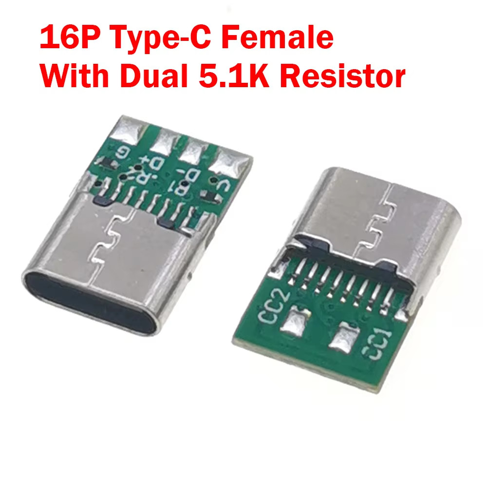 USB Type C Female Connectors Jack with Dual 5.1K Resistors 16Pin Usb Electric Te