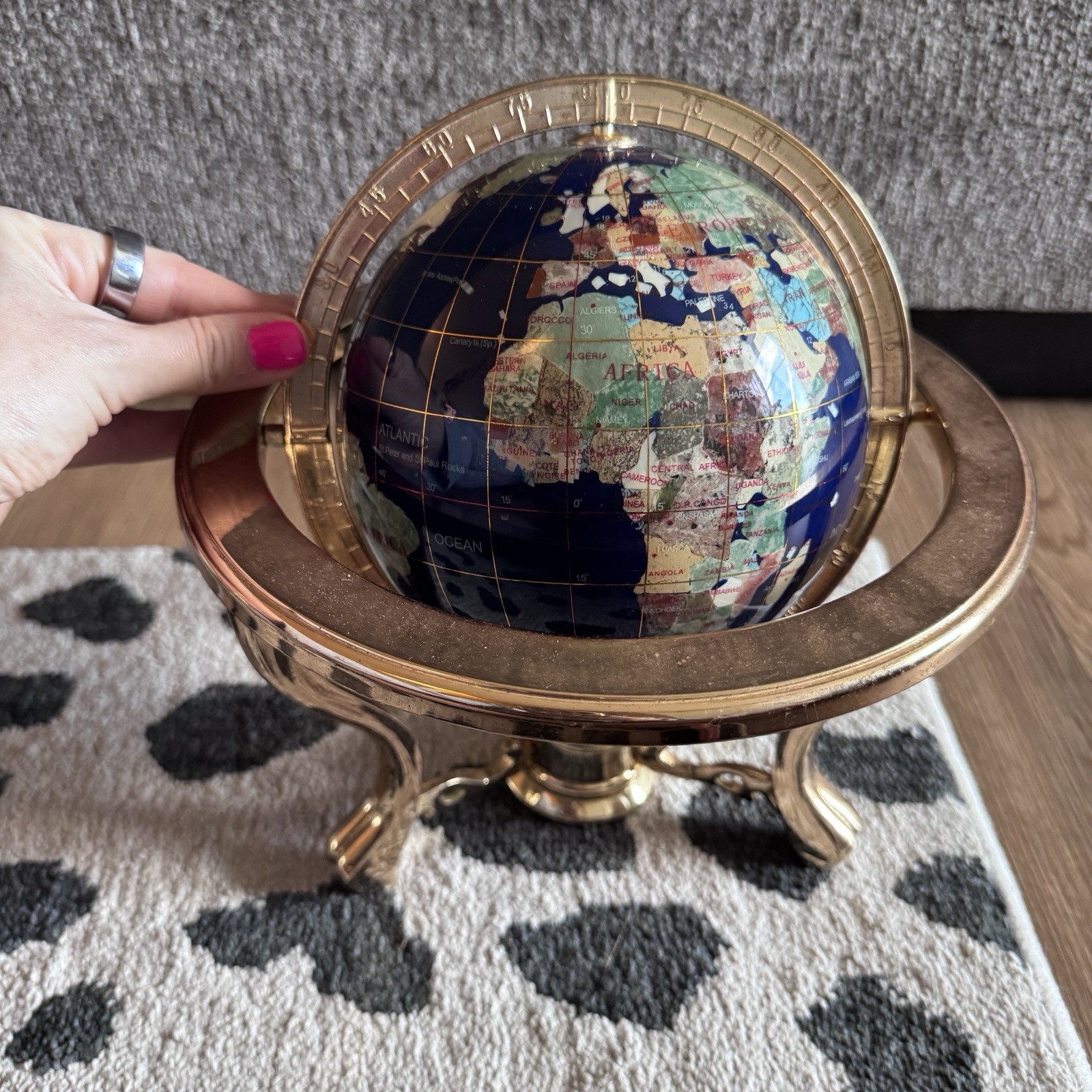 Gemstone World Globe Brass Stand Compass Tabletop Decor 10”