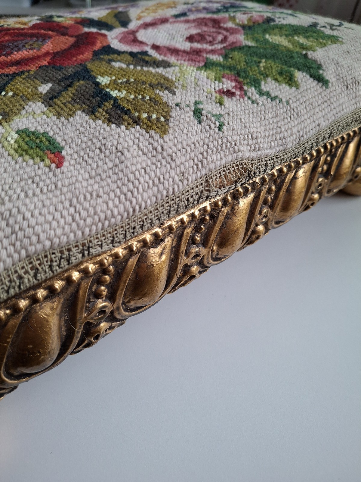 Petit point foot rest gilt foot stool vintage sweden
