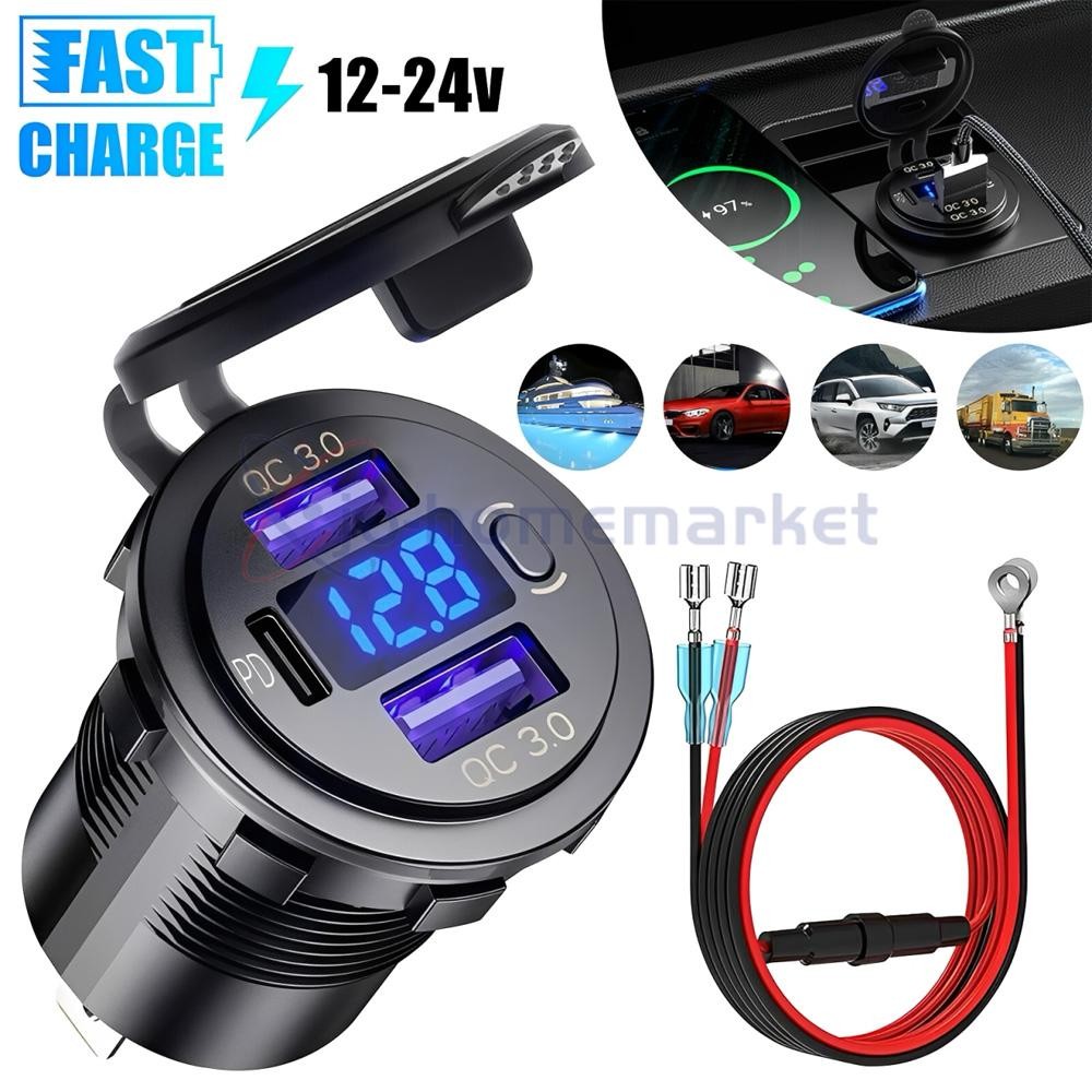12-24V 4 Port Fast Car Charger QC3.0 & PD USB C Outlet Socket for Boat RV Marine