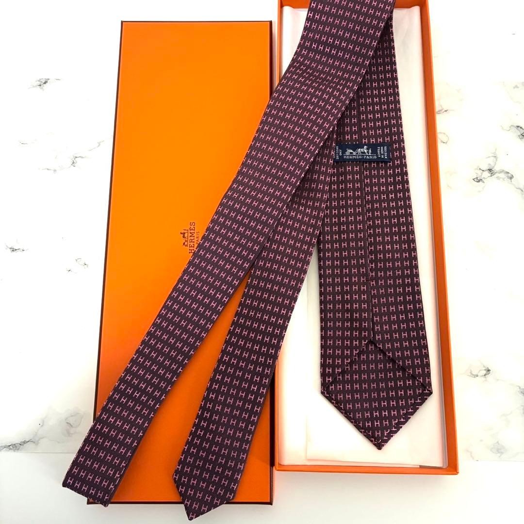 Hermes H Pattern Silk Necktie Purple Used Elegant Condition