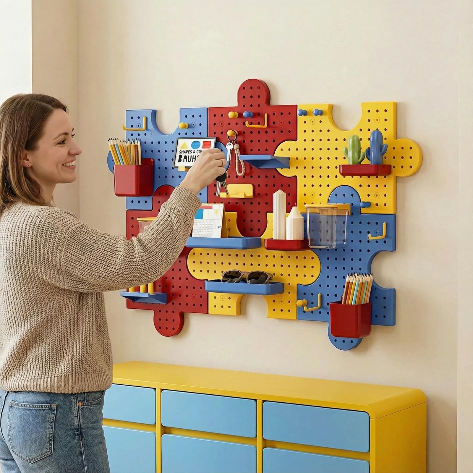 Pegboard Wall Organizer, Puzzle Modular Plastic Storage System with Hooks She...