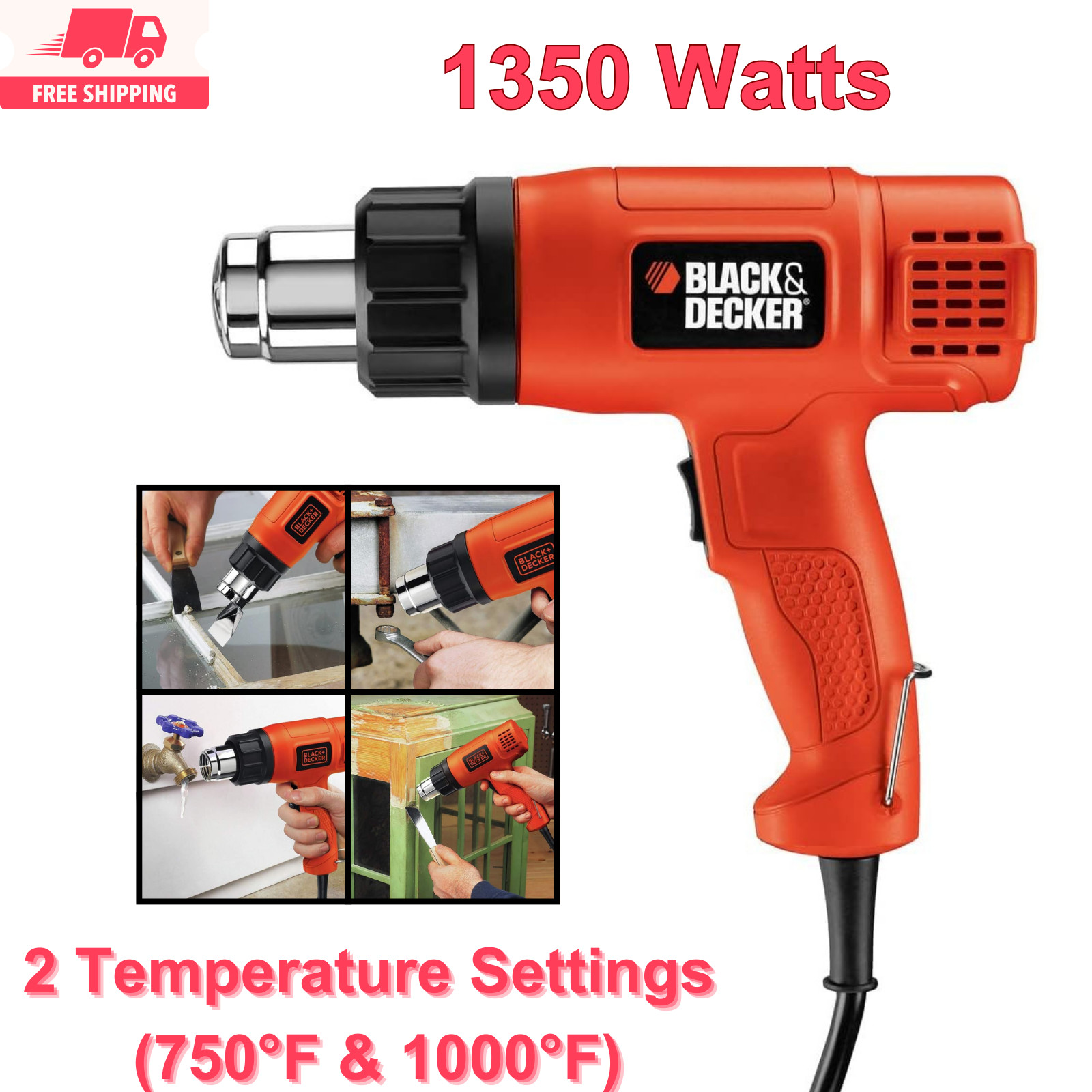 1350W Heat Gun, Dual Temp Settings 750°F-1000°F, Paint Stripping, Thawing Pipes