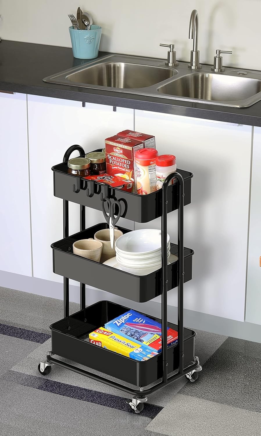 3-Tier Rolling Metal Utility Cart with Locking Wheels Storage Organizer Black