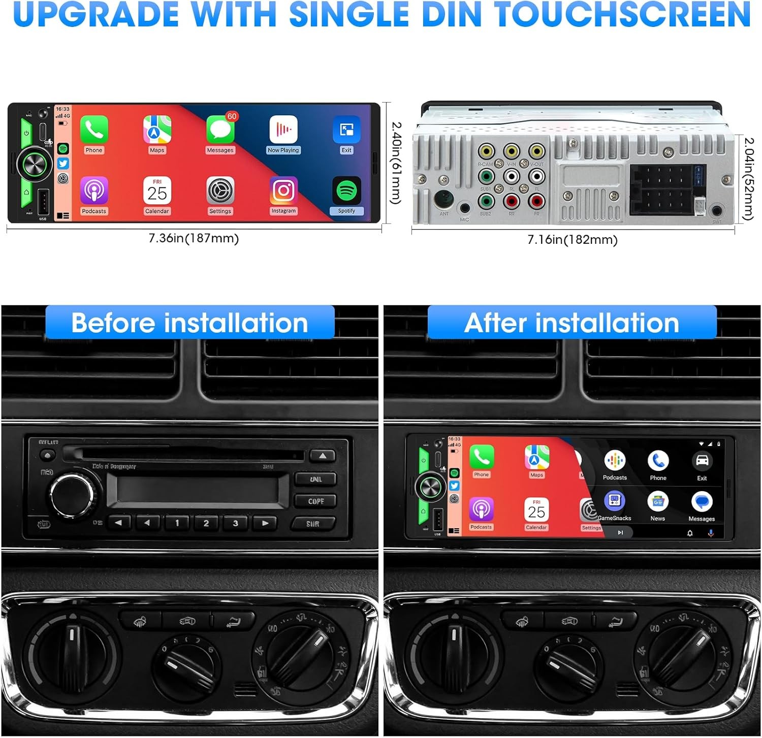 AKAMATE Wireless Single Din CarPlay Stereo: 6.5 Inch Wireless Android Auto