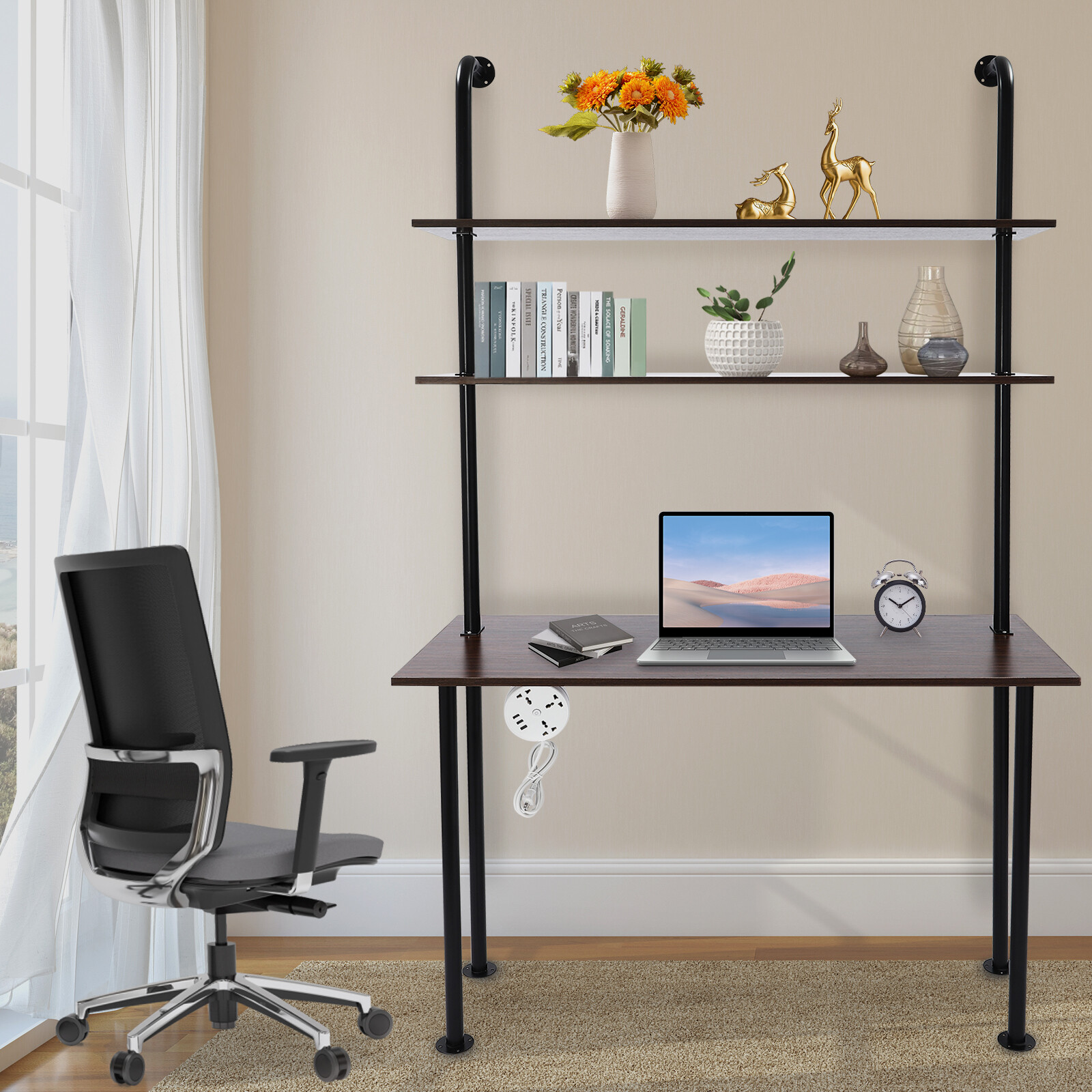 Wall Mounted Table Standing Desk Computer Laptop Desk W/Power Strip Modern Black