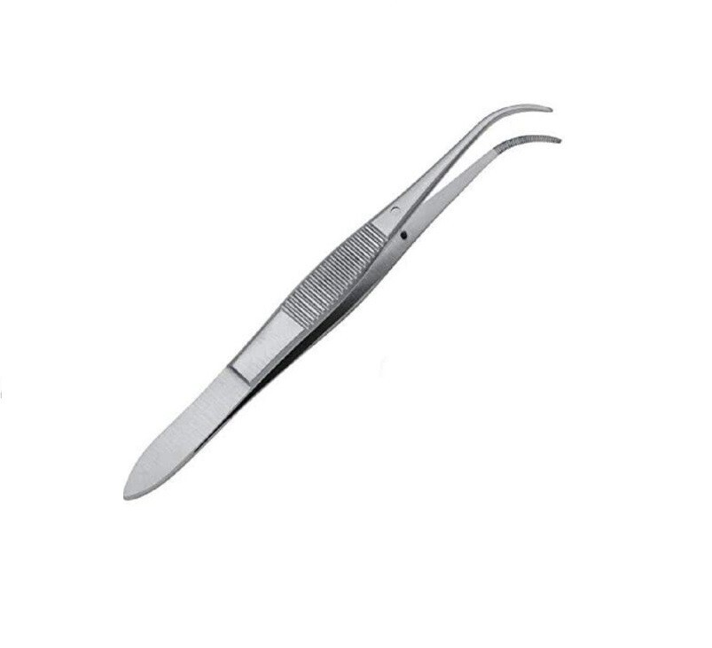 Eye Dressing Forceps, 4", Half Curved Serrated Tips, 0.5mm Wide, Extra Delicate