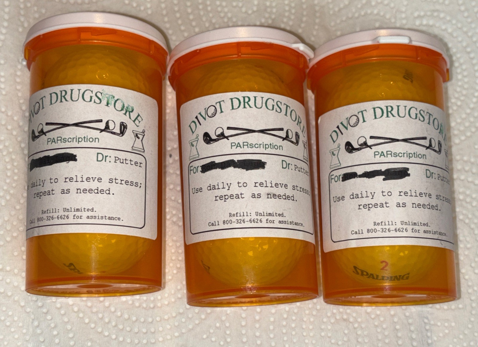 6 Spalding 2 Golf Balls in Funny "Divot Drugstore" Dr Putter To Relieve STRESS
