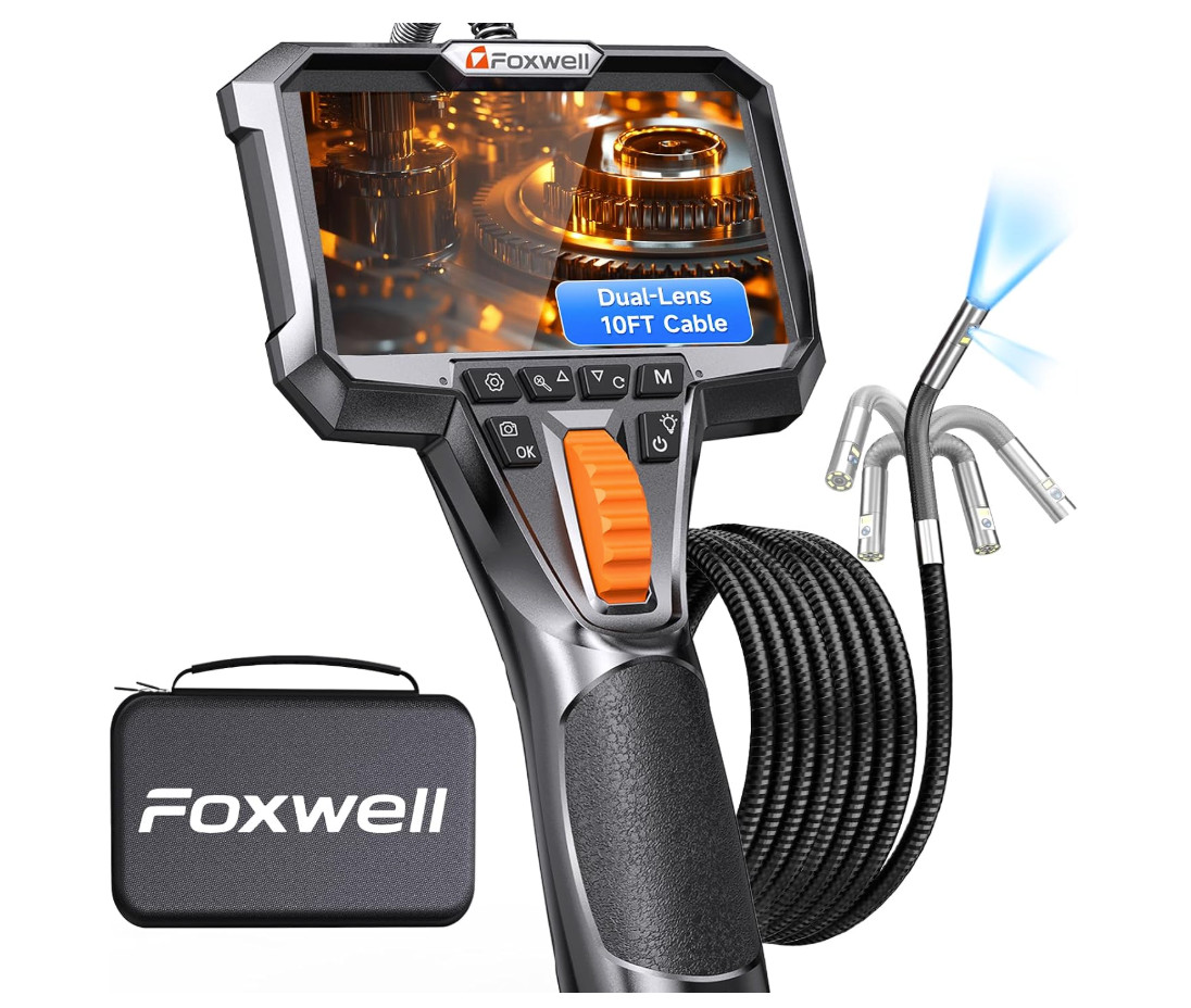 FOXWELL 10FT Dual Lens Articulating Borescope Inspection Camera 1080P IPS IP67