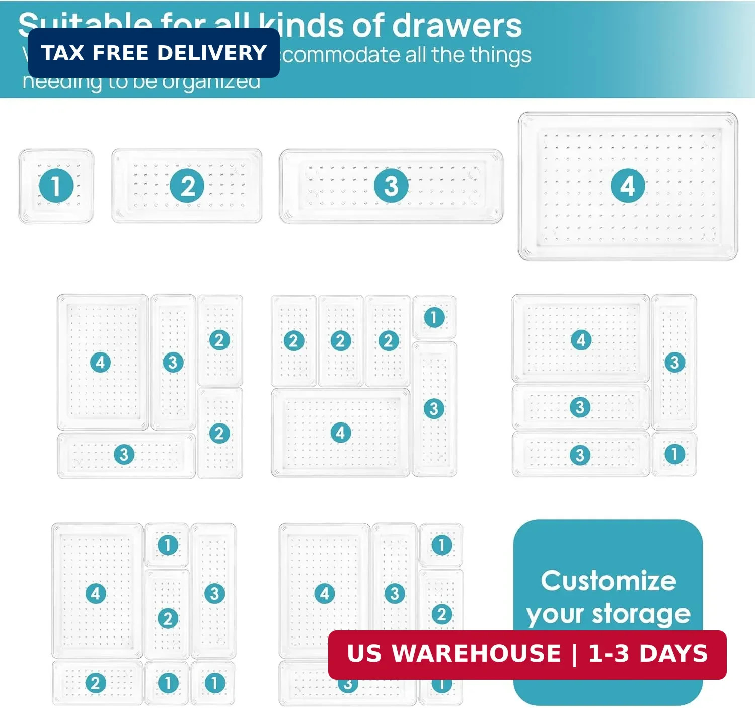 25 PCS Clear Plastic Drawer Organizers Set, 4-Size Versatile Bathroom a