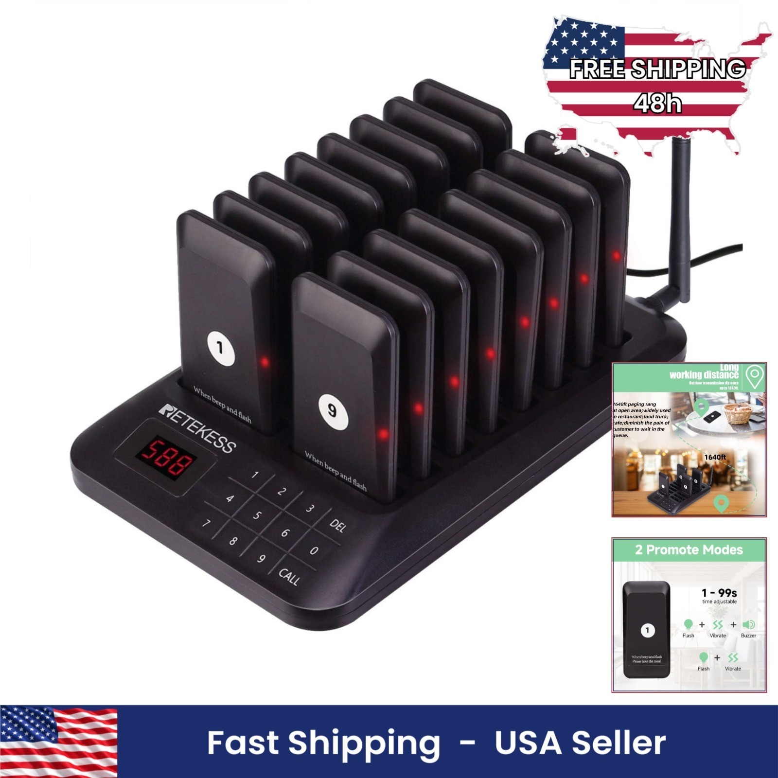Restaurant Pager System 984ft Long Range Vibration Flashing Buzzer 16 Pagers