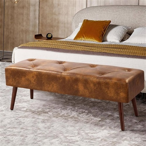 Mid-Century Brown Leather Upholstered Bench Solid Wood Legs Bedroom Entryway