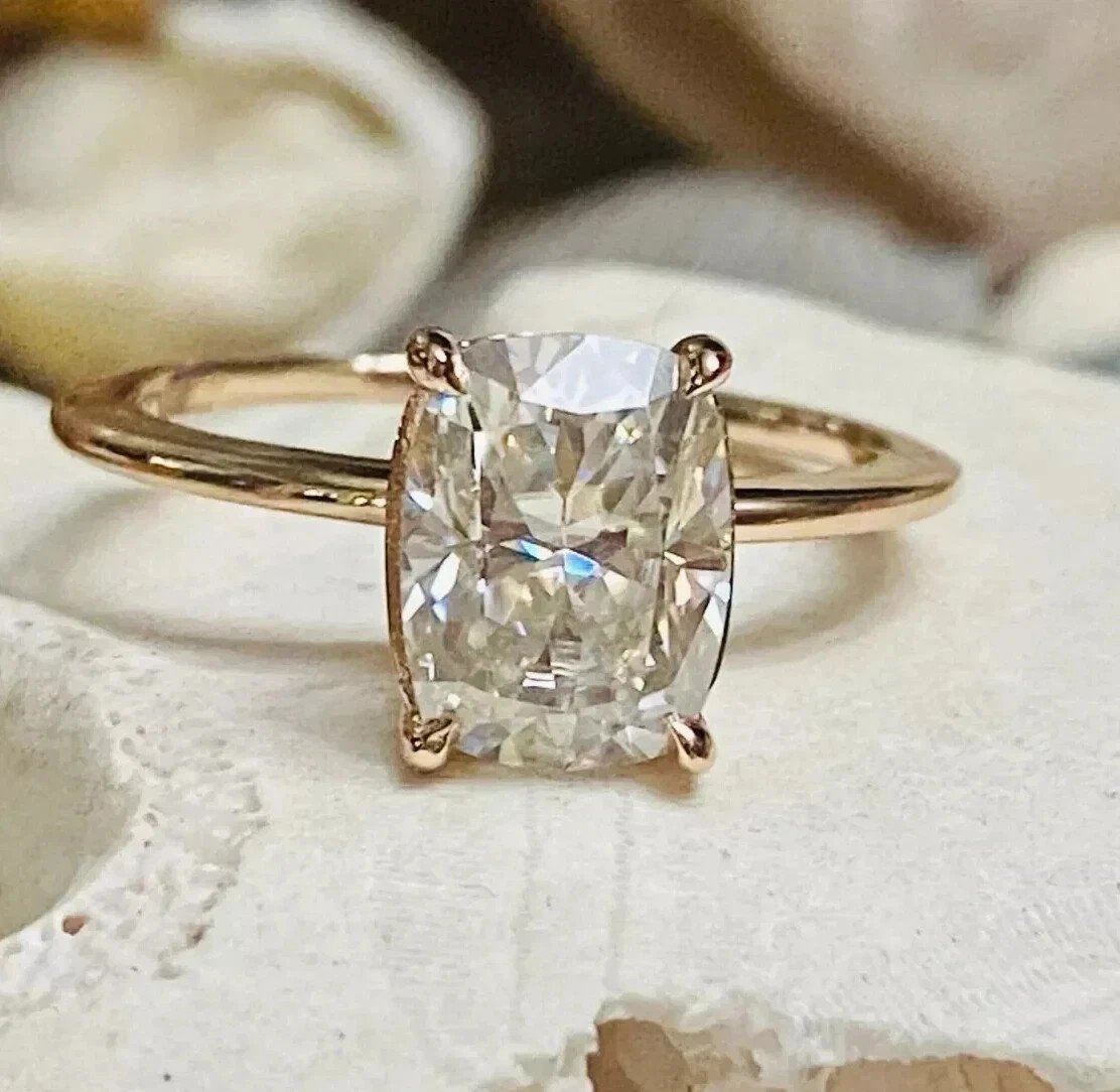 3.40 Ct White Moissanite Cushion Cut Prong Wedding Ring 14K Yellow Gold Plated