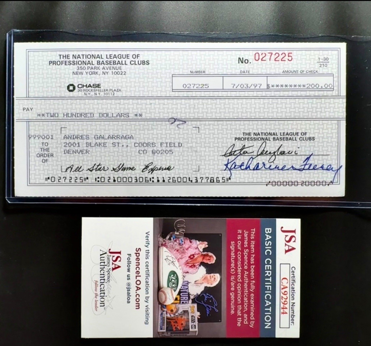 Andres Galarraga Signed Auto 1997 NL All Star Game Payroll Check  JSA Cert