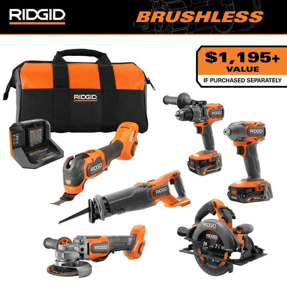 RIDGID 18V Brushless Cordless 6-Tool Combo Kit with 6.0 Ah and 2.0 Ah MAX Output