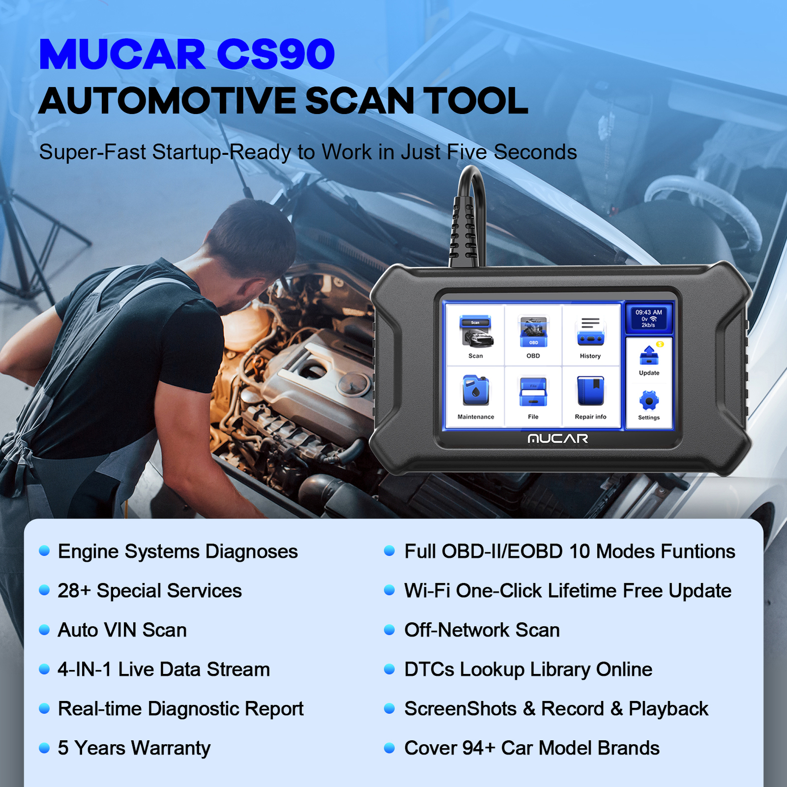 MUCAR CS90 OBD2 Car Code Reader Scanner Engine Fault Diagnostic Tool 28 Resets