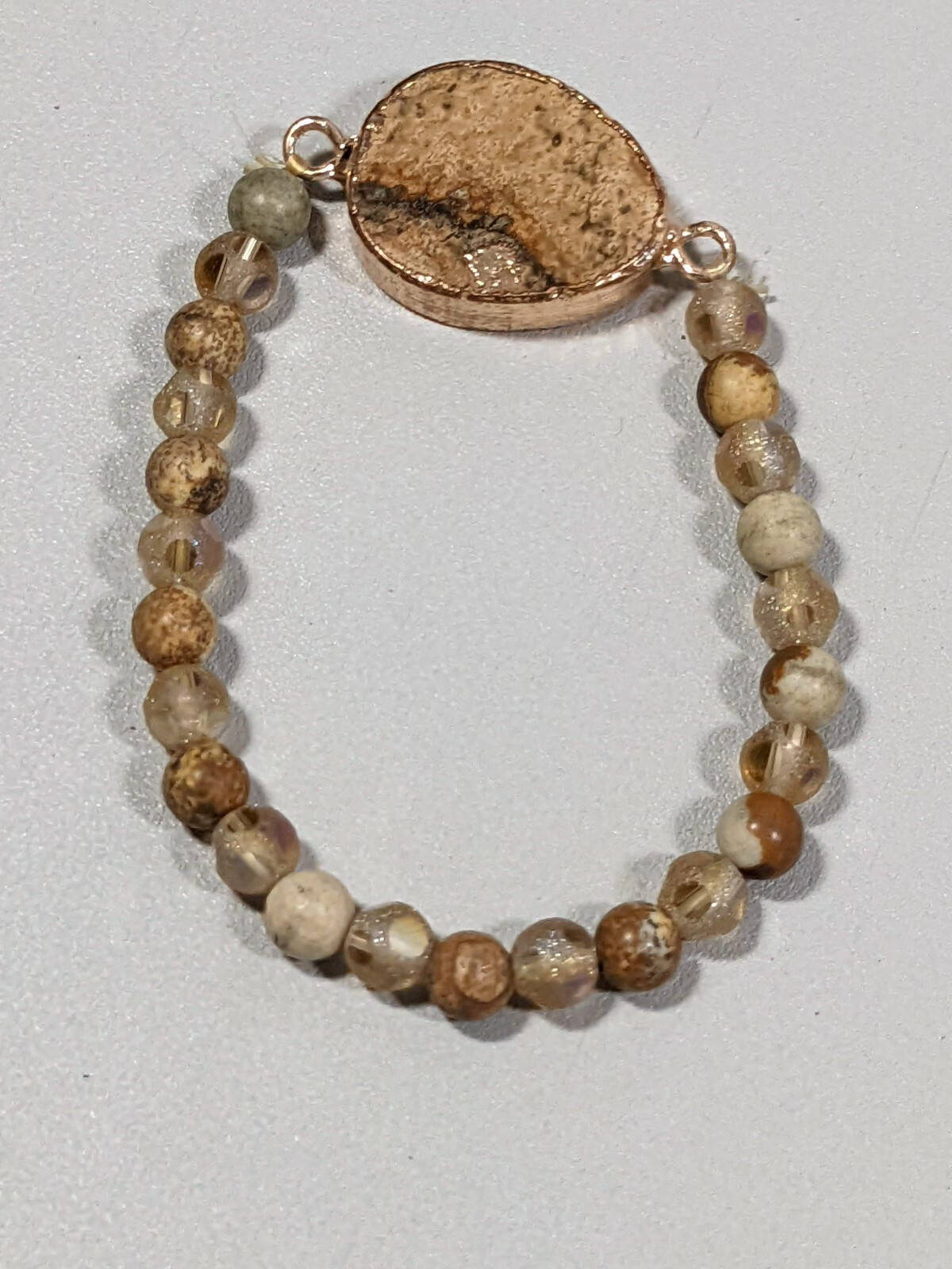 Artisan Shades of Brown Polished Stone Glass Round bead Bezel Stretch Bracelet
