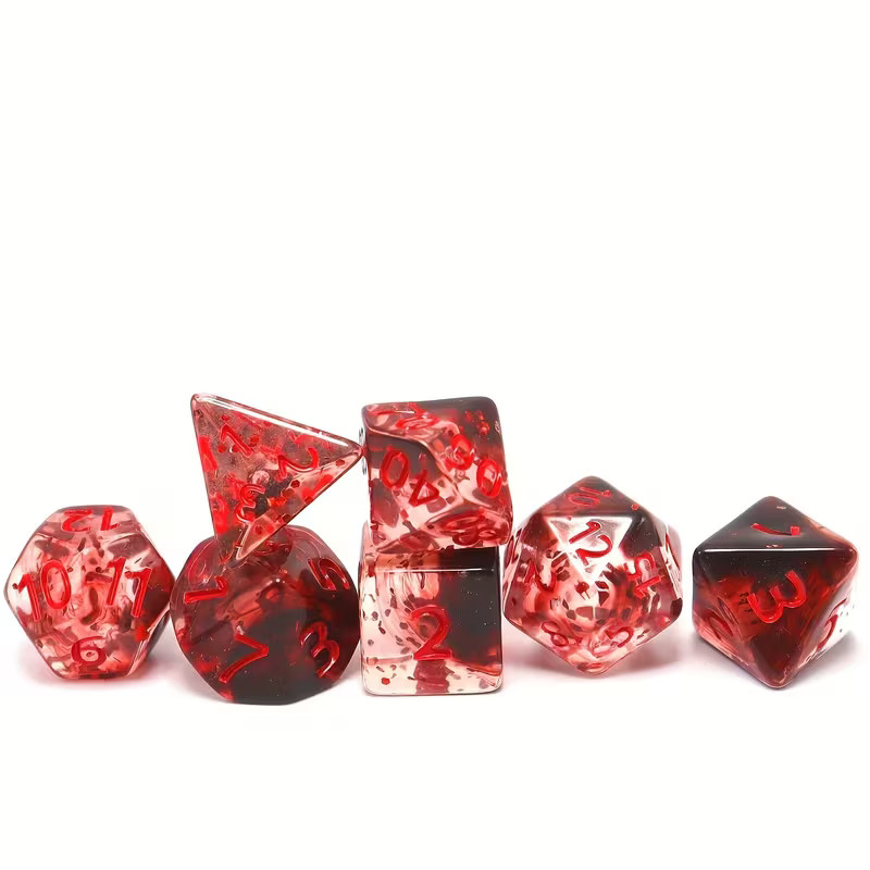 7 PC Dice Set Polyhedral Transparent Black & Red Transparent w Glitter + Bag +?