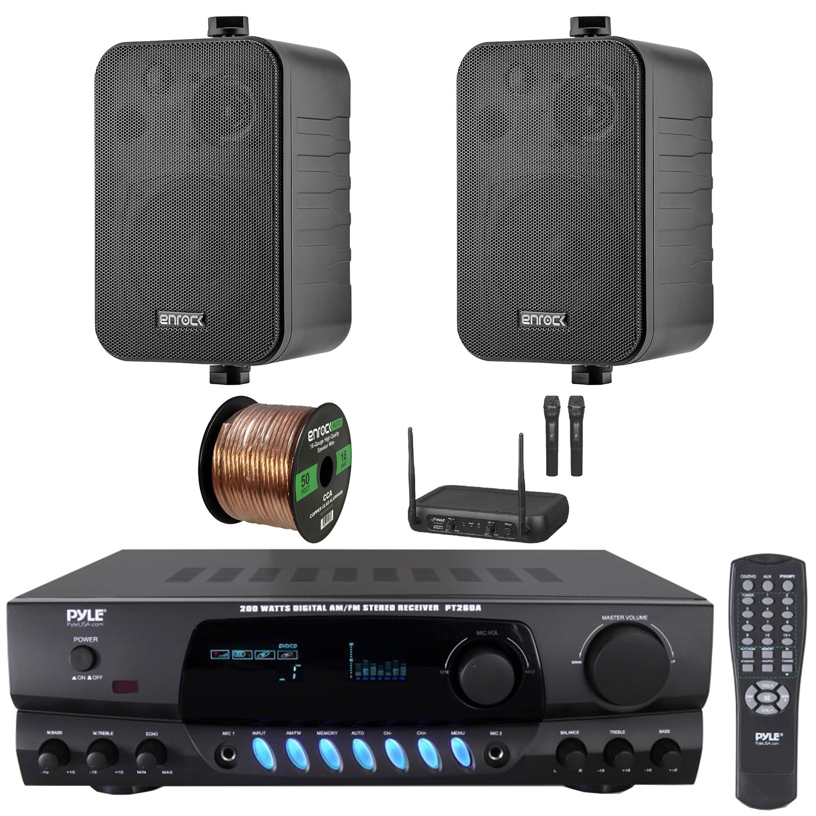 Pyle PT260A AM/FM Digital Receiver, 2x 4" 30W 3-Way Black Speakers, Mic System