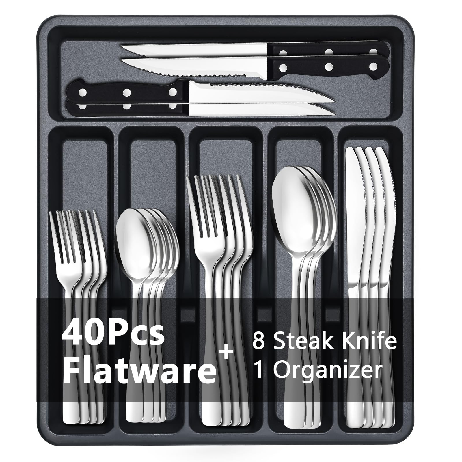 49-Piece Silverware Set with Organizer - Stainless Steel Silverware Set for 8...
