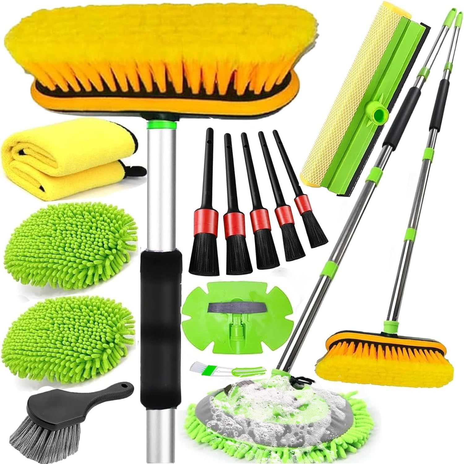 62'' Car Wash Brush Kit with Long Handle, Tire Brush, Squeegee & Microfiber