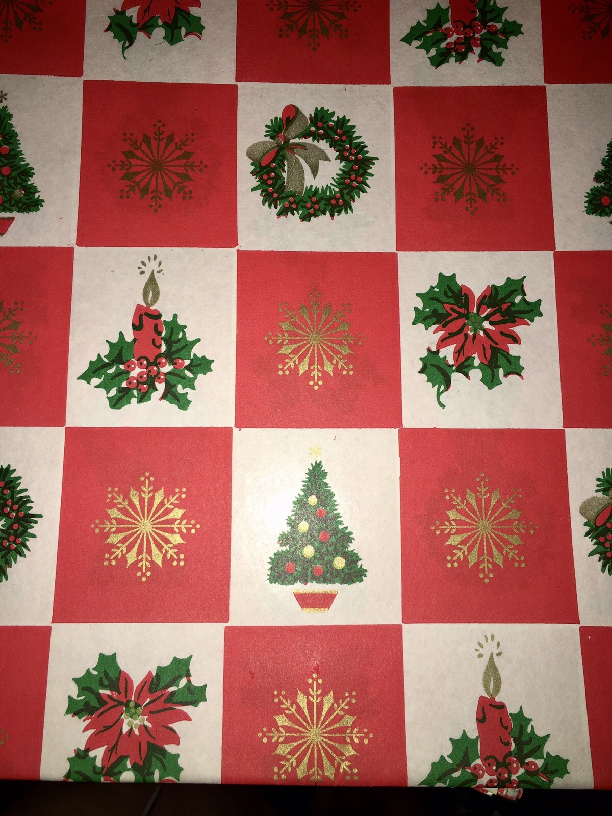 VTG CHRISTMAS WRAPPING PAPER GIFT WRAP CANDLE WREATH TREE POINSETTIA SQUARES NOS