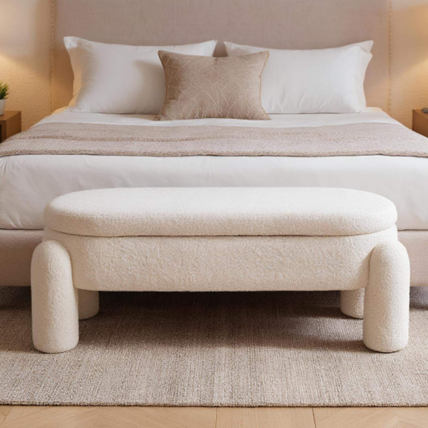 44.7-Inch White Boucle Upholstered Storage Ottoman Bench