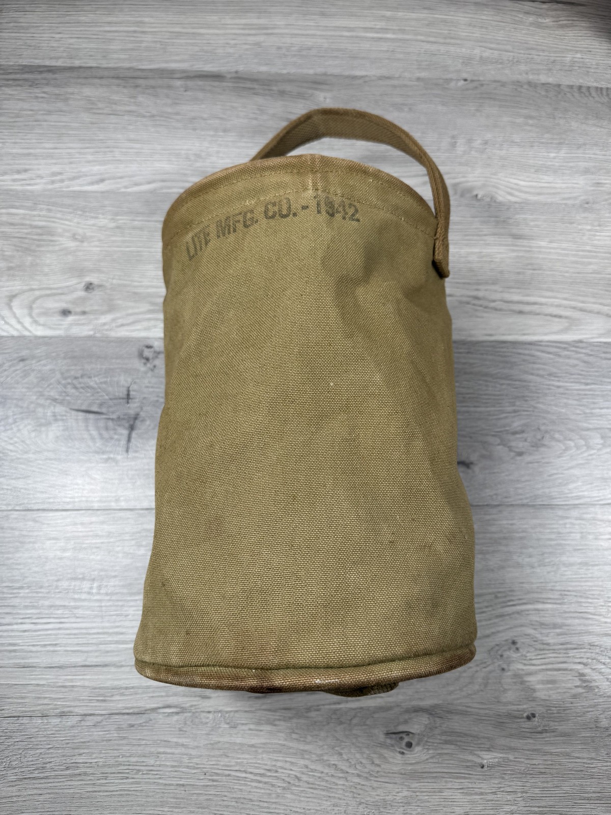 Vintage WWII U.S. Army Collapsible Canvas Water Bucket Marked 1942 Olive Green