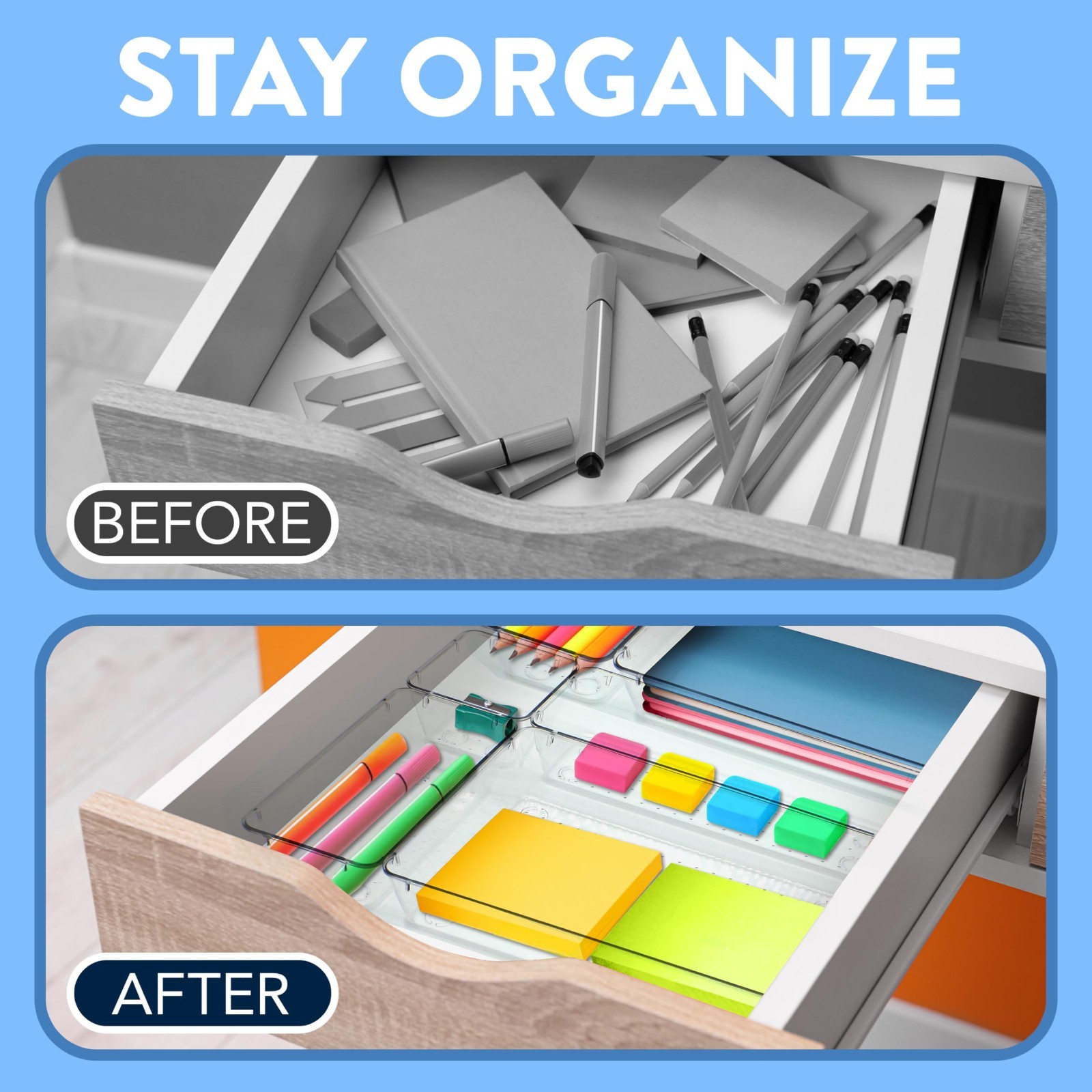 Emporio 37PC Clear Drawer Organizer Set Stackable StorageTray for Kitchen Office
