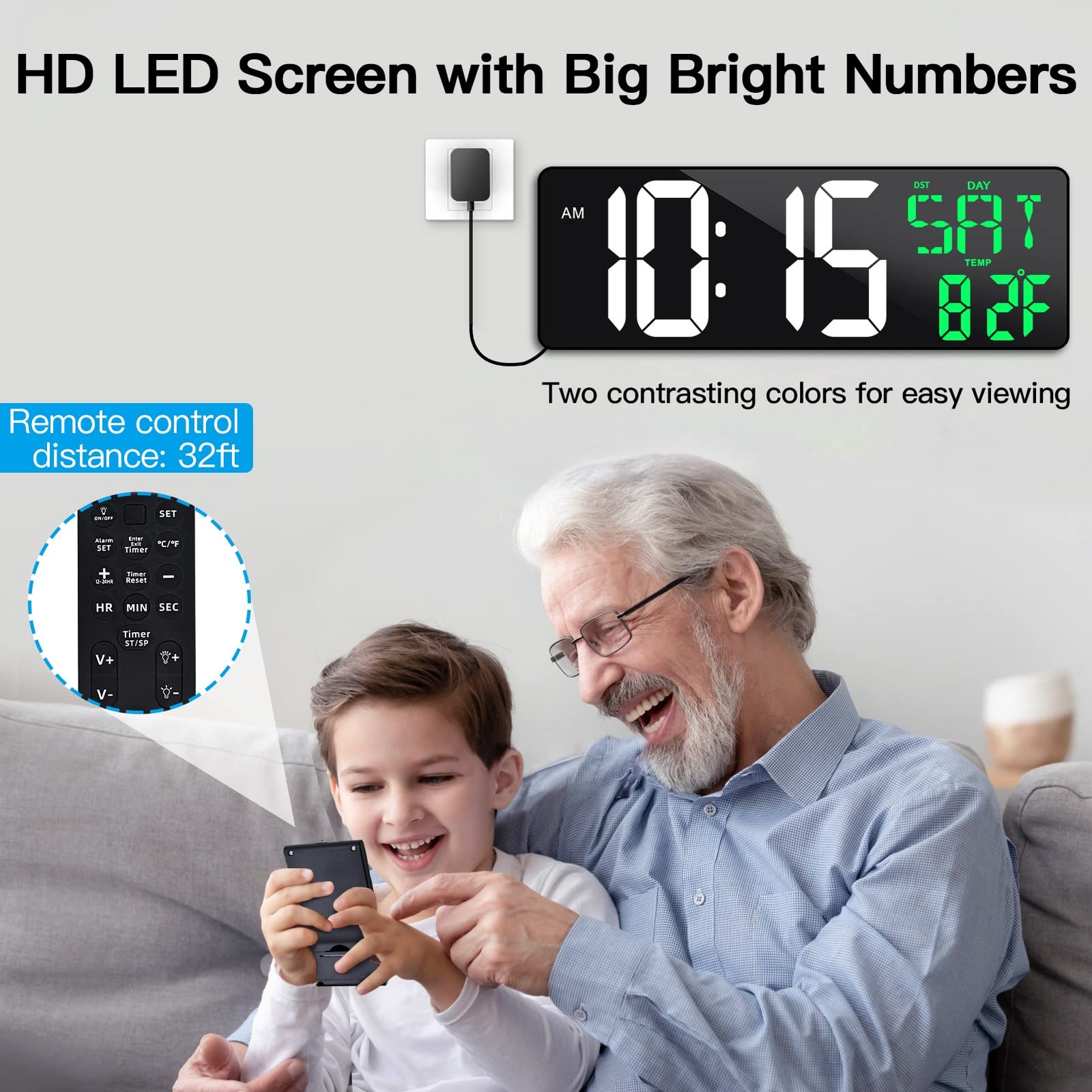 17 Inch Large Digital Wall Clock with Remote Control Automatic Brightness Dim...