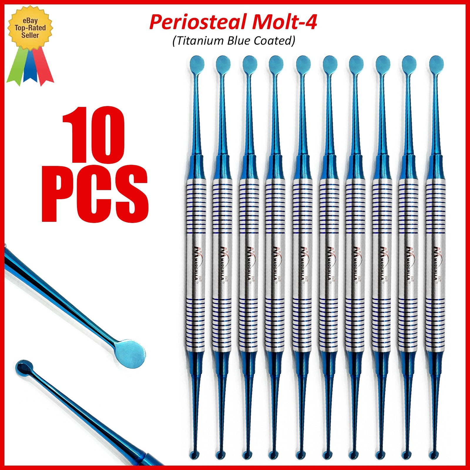 Dental Periosteal Elevator Molt # 4 Blue Titanium Coated Double Ended German Gr
