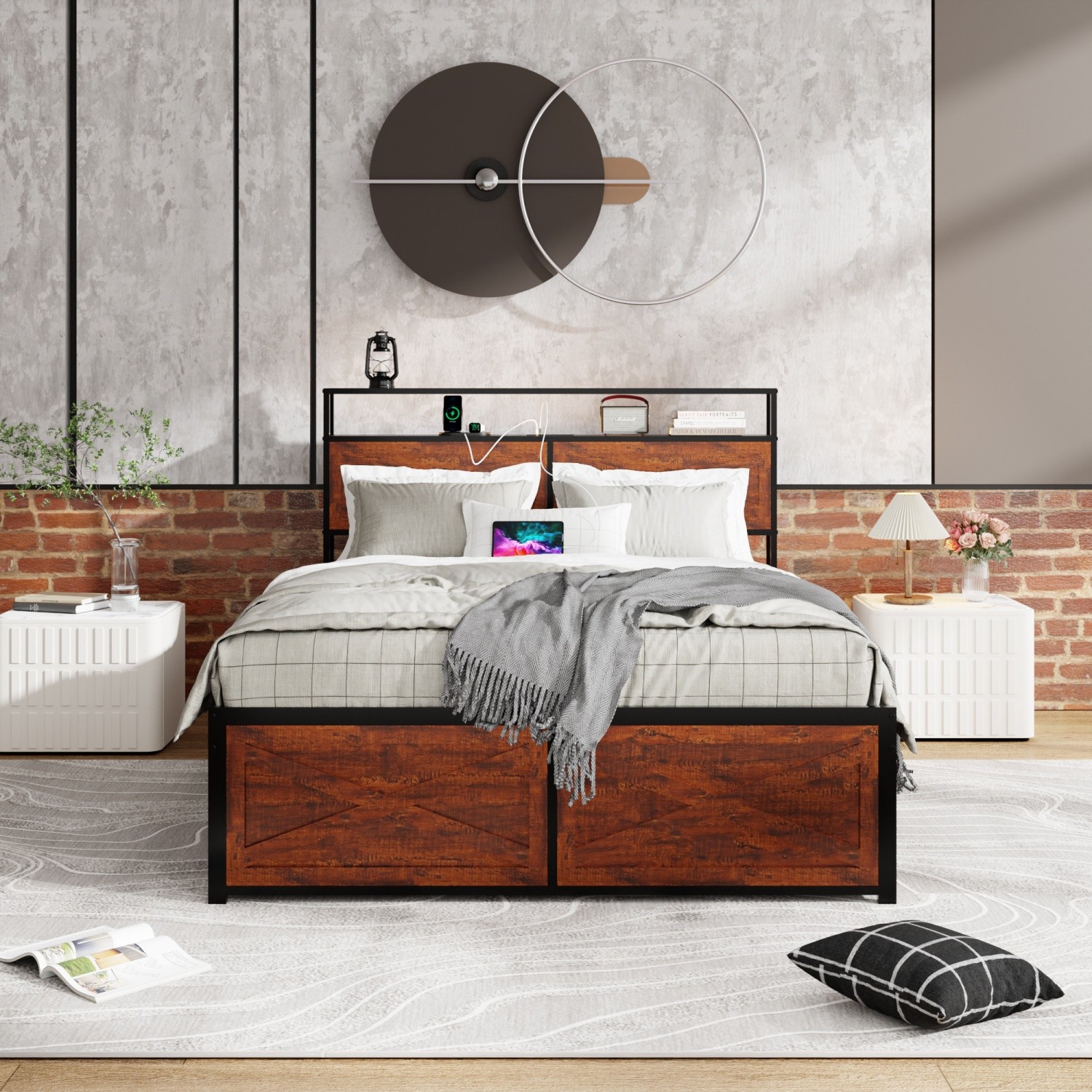 Queen Size Storage Metal Platform Bed w/ 12 Drawers & LED Headboard & USB Ports