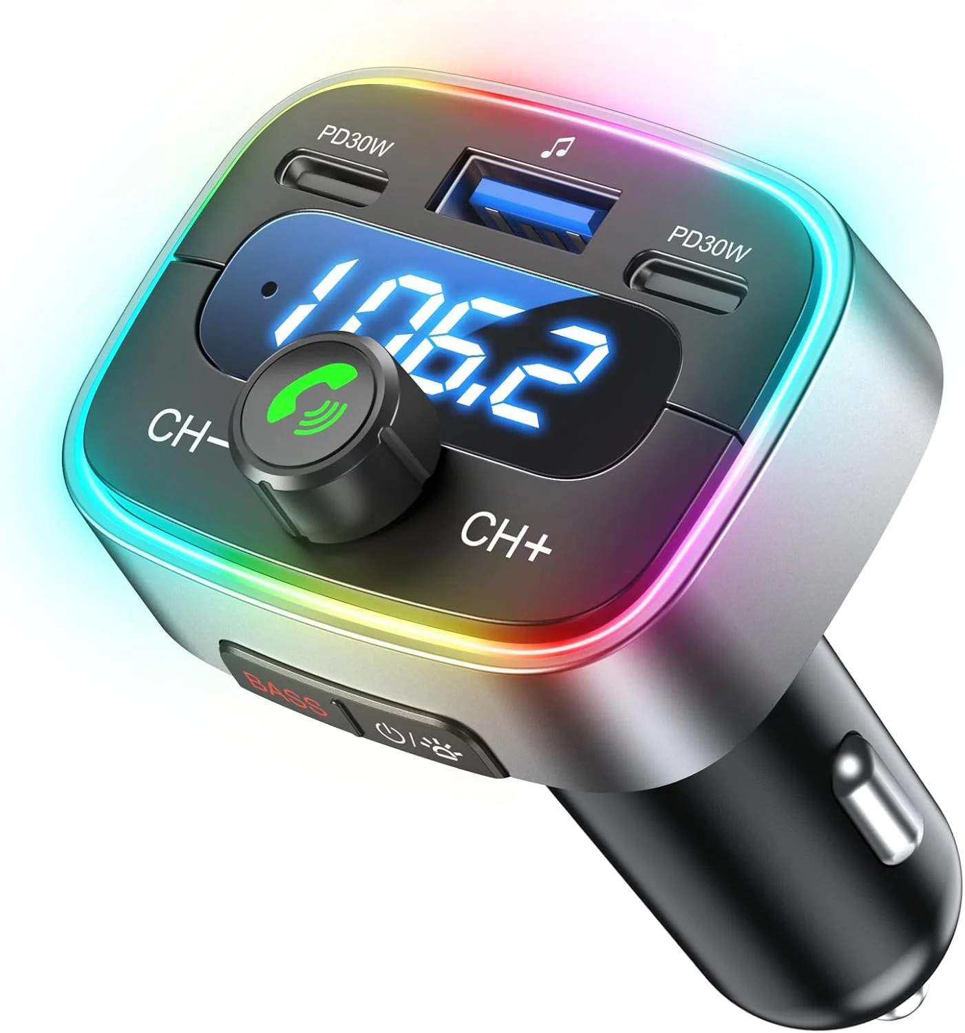 Bluetooth 5.4 Car FM Transmitter Adapter 60W Fast Charger Handsfree LED