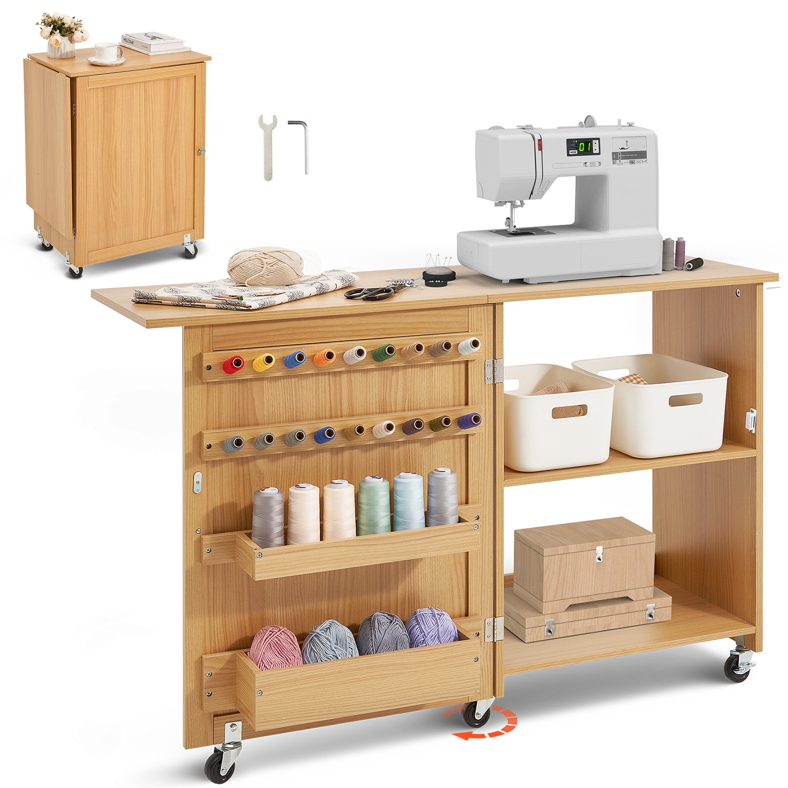 Uimoso Folding Sewing Table with Lockable Wheels Shelves Trays Door Wood Color